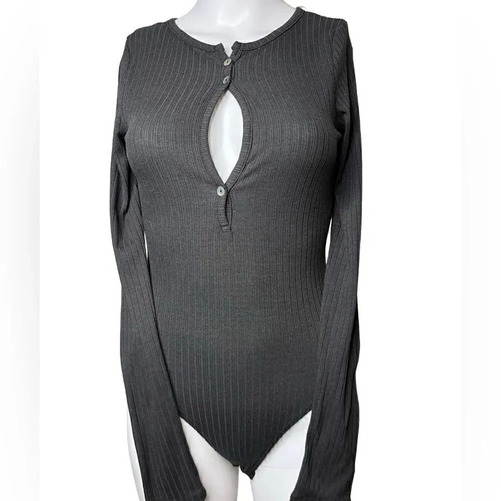 Windsor Ribbed Long Sleeve Body Suit Charcoal Grey Size Small
